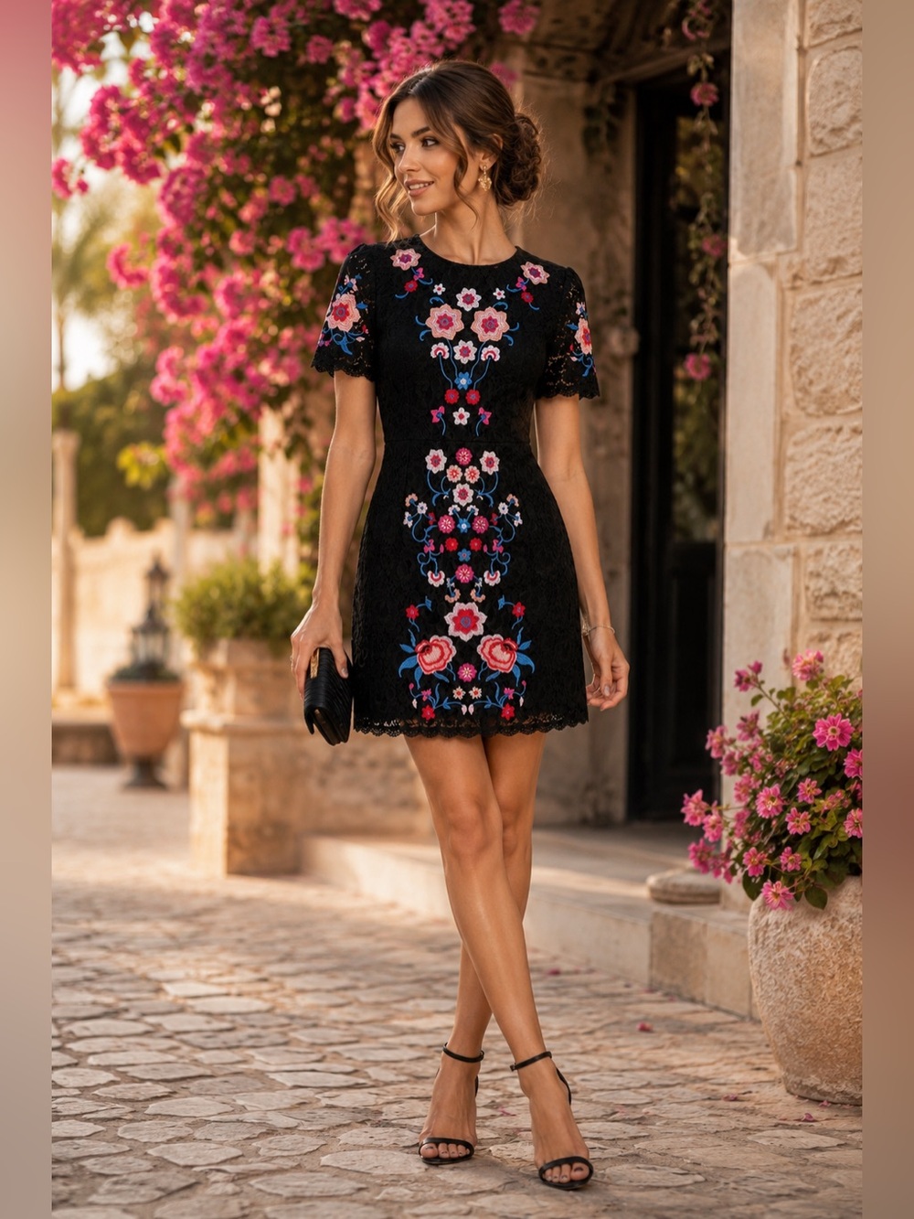 Romeo+Juliet Couture Embroidered Lace Mini Dress Black Floral Garden Party Chic